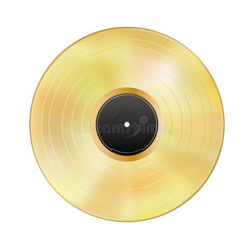 白色背景中突显的真实感的金色乙烯基唱片. gramophone lp空白黑色标签. 模拟盘. 详细. 金色 库存例证