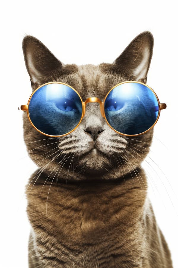 白色背景中蓝色大圆色墨镜的棕色猫 免版税库存照片