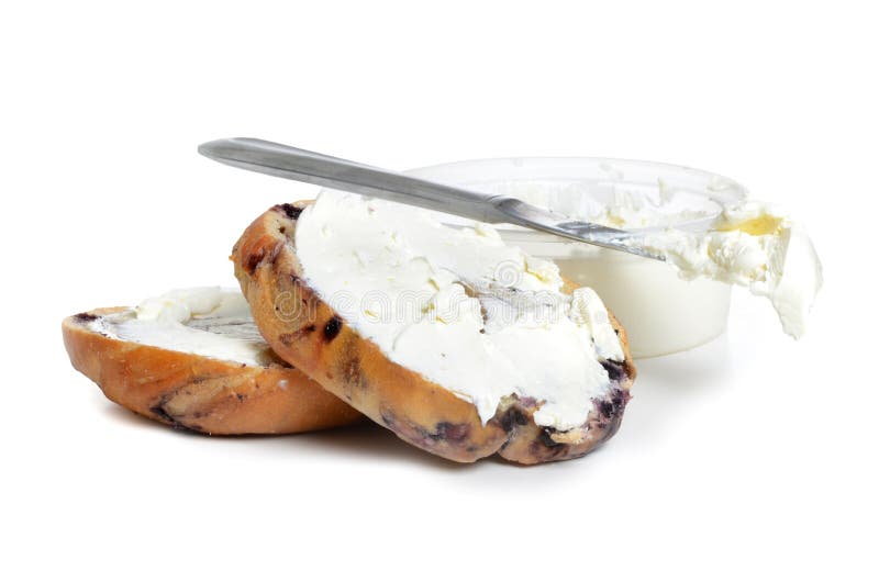 Fresh blueberry bagel with cream cheese white background. Fresh blueberry bagel with cream cheese white background