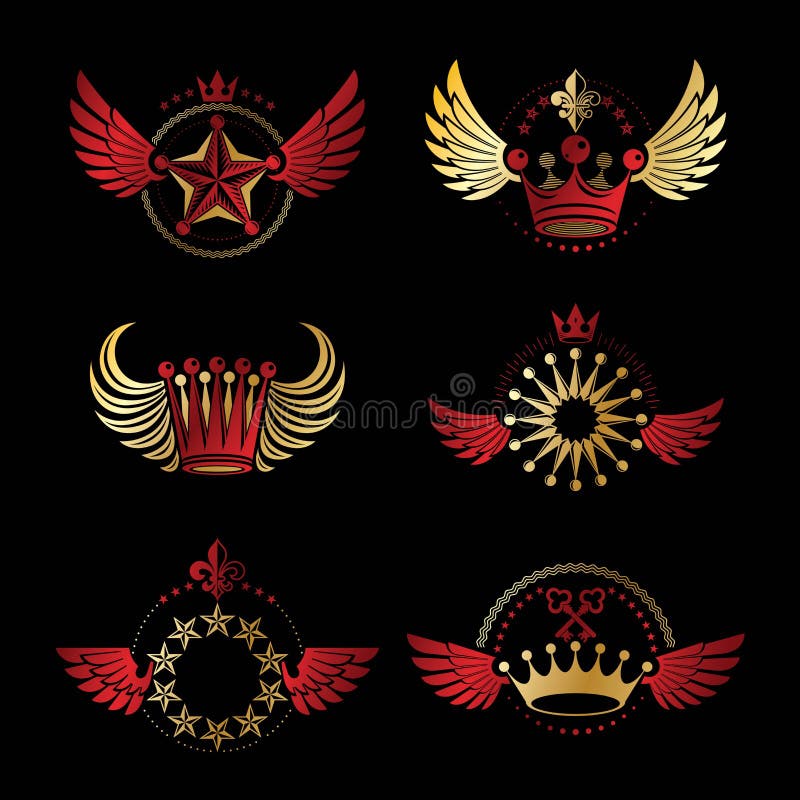 Royal Crowns and Ancient Stars emblems set. Heraldic Coat of Arms decorative logos isolated vector illustrations collection. Royal Crowns and Ancient Stars emblems set. Heraldic Coat of Arms decorative logos isolated vector illustrations collection.
