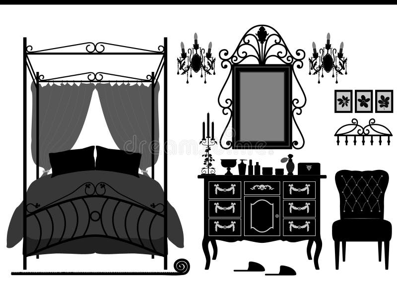 A set of objects representing a royal bedroom with old furniture. A set of objects representing a royal bedroom with old furniture.