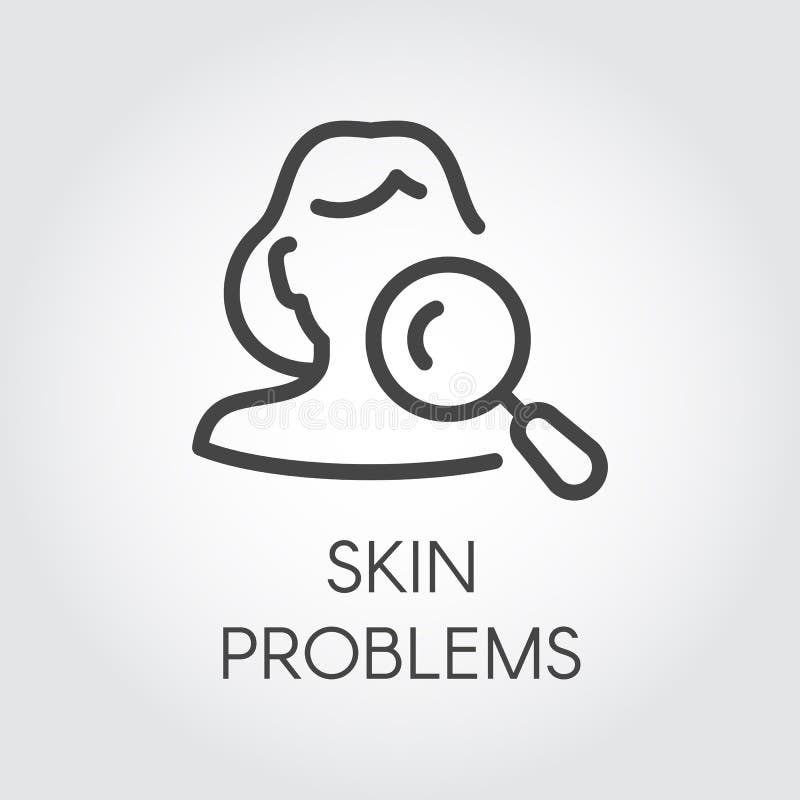 Skin problem line icon. Abstract portrait of woman and magnifying glass. Cosmetology, skincare, healthcare concept. Contour of female face. Simplicity outline label. Vector illustration. Skin problem line icon. Abstract portrait of woman and magnifying glass. Cosmetology, skincare, healthcare concept. Contour of female face. Simplicity outline label. Vector illustration