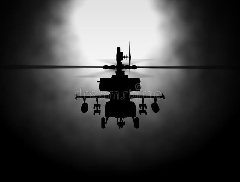 直升机，战士剪影抢救在日落天空背景的直升机操作 在烟雾的直升机 3d
