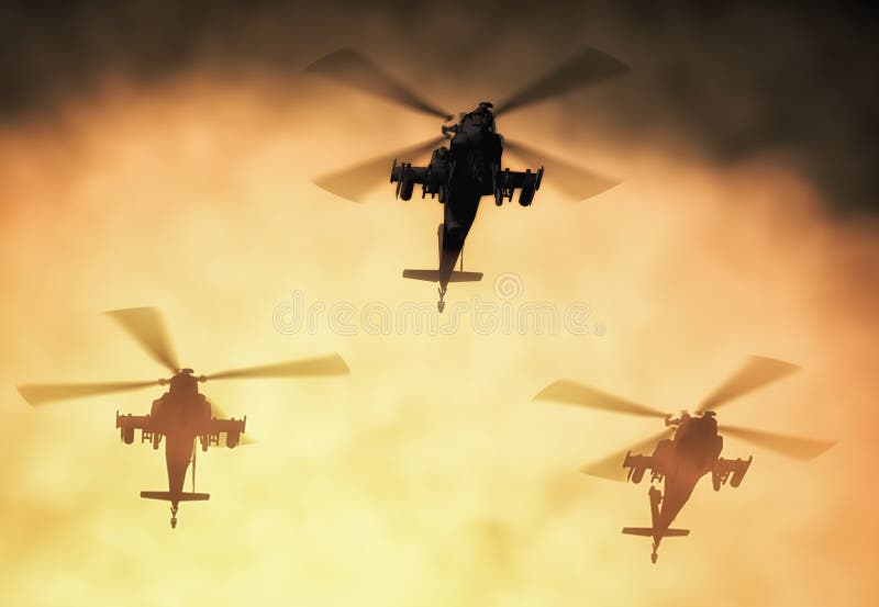 直升机，战士剪影抢救在日落天空背景的直升机操作 在烟雾的直升机 3d