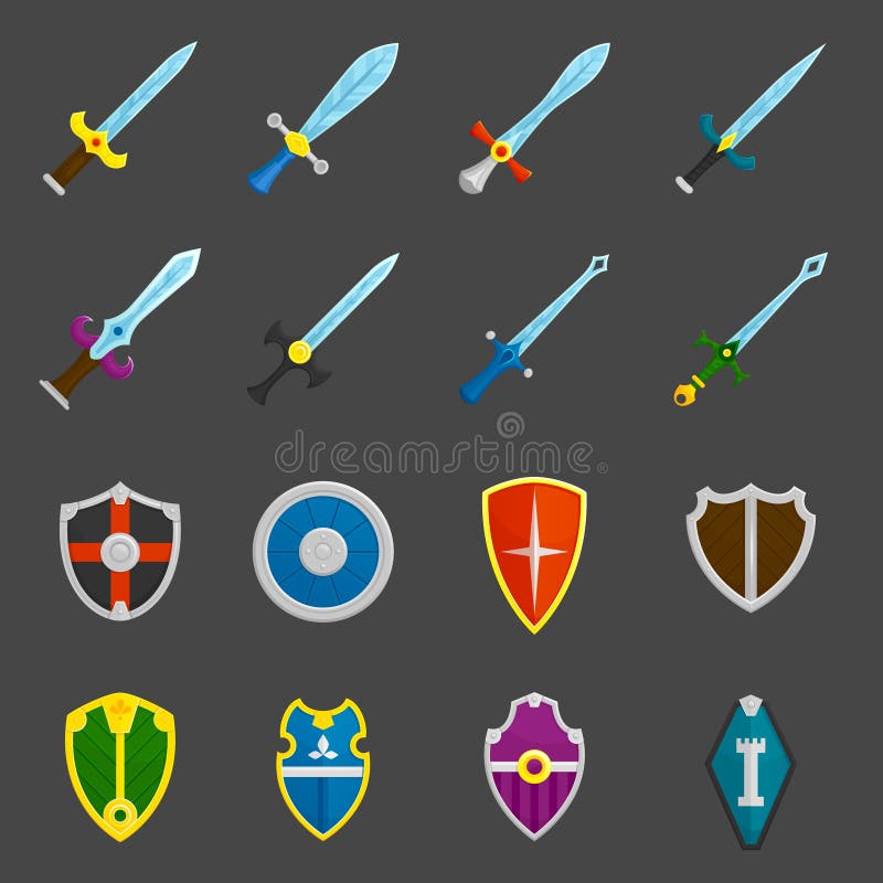 Antique weapon color icons set with heraldic battle shields and crusader knights swords abstract isolated vector illustration. Antique weapon color icons set with heraldic battle shields and crusader knights swords abstract isolated vector illustration