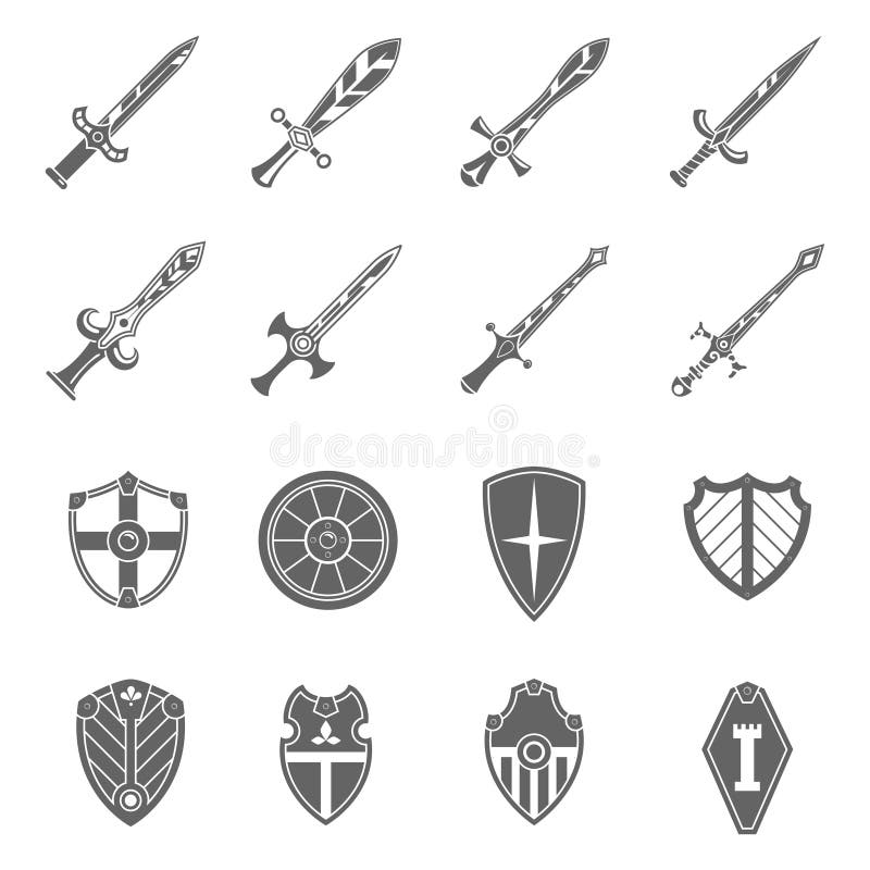 Medieval crusader heraldic battle shields and historic templar knights long steel swords black abstract isolated vector illustration. Medieval crusader heraldic battle shields and historic templar knights long steel swords black abstract isolated vector illustration