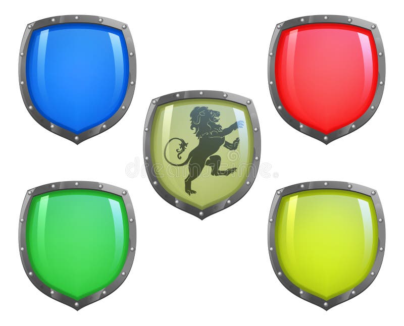 Illustration of shield in 5 different colours and lion motif. Illustration of shield in 5 different colours and lion motif