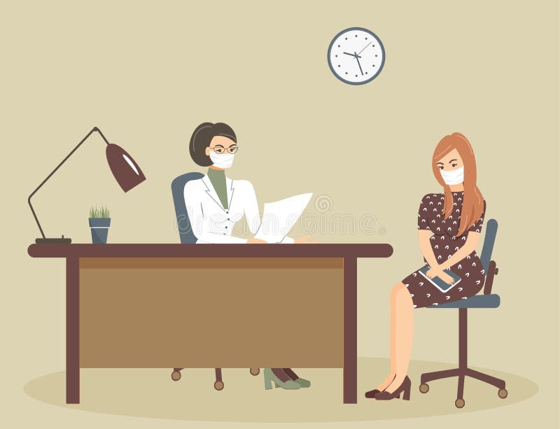 Cute young pregnant woman at a doctor`s appointment. Physician and patient in protective medical masks to protect against the virus epidemic. Healer is holding a document.Vector flat illustration. Cute young pregnant woman at a doctor`s appointment. Physician and patient in protective medical masks to protect against the virus epidemic. Healer is holding a document.Vector flat illustration