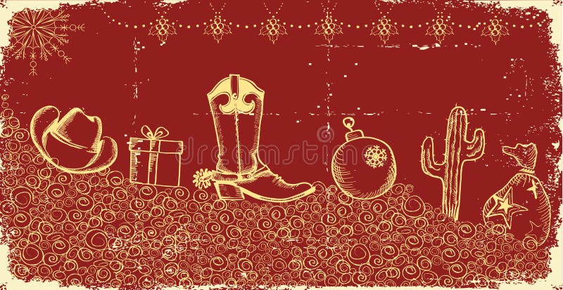 Cowboy christmas card with holiday elements and decoration on old paper texture. Cowboy christmas card with holiday elements and decoration on old paper texture