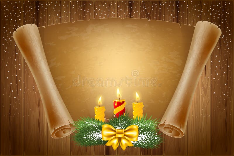 Merry Christmas greeting card with glowing candles, spruce branches and old scroll paper on wooden background. Vector illustration. Merry Christmas greeting card with glowing candles, spruce branches and old scroll paper on wooden background. Vector illustration.