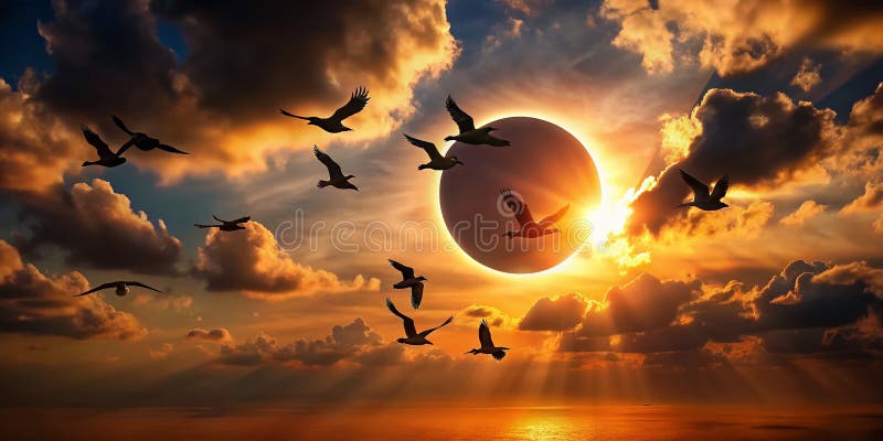 看看日食鸟在夕阳下映的壮观天空中令人着迷的轮廓 库存例证