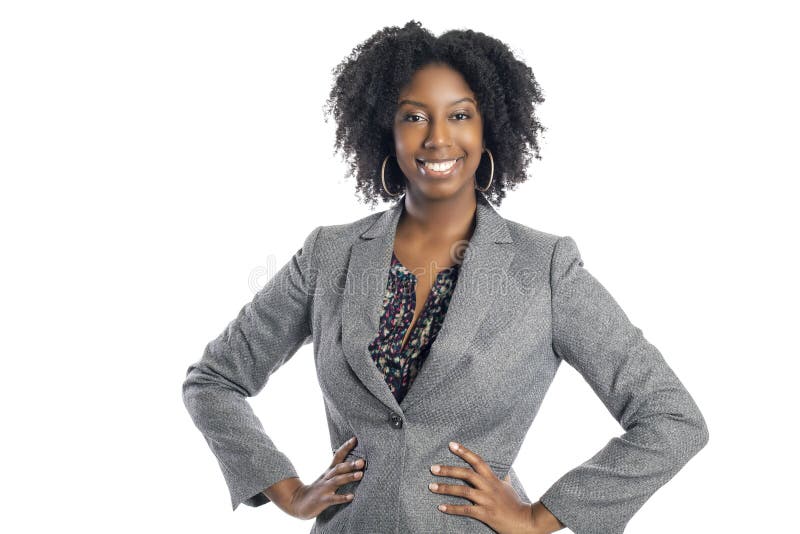 Black African American female businesswoman isolated on a white background looking confident and successful. Black African American female businesswoman isolated on a white background looking confident and successful