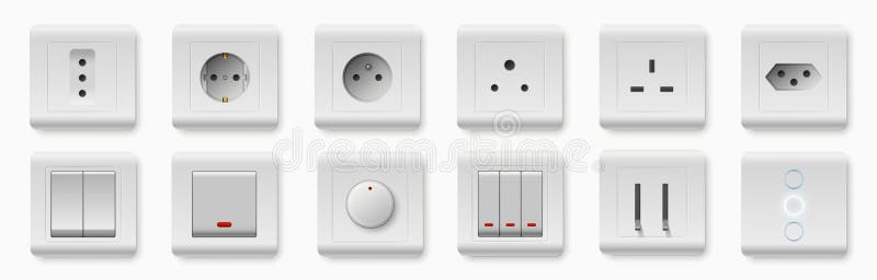 真实插座和开关. 内壁插座或电连接器. 不同的方型. 塑料灯头