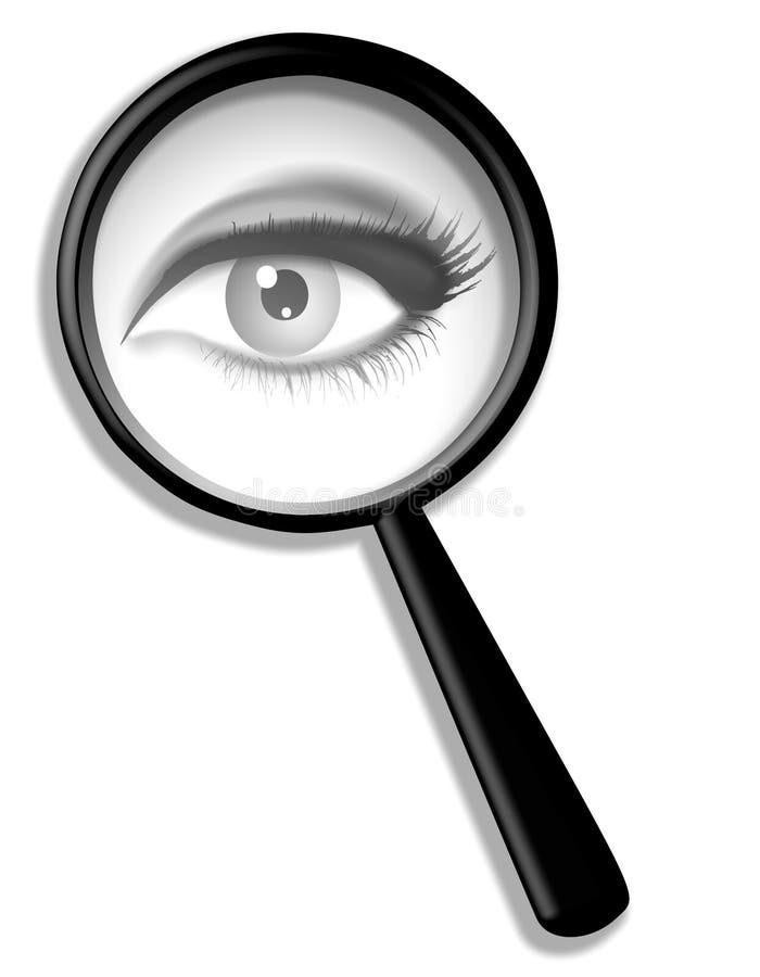 An illustration featuring a female eye looking through a magnifying glass. An illustration featuring a female eye looking through a magnifying glass