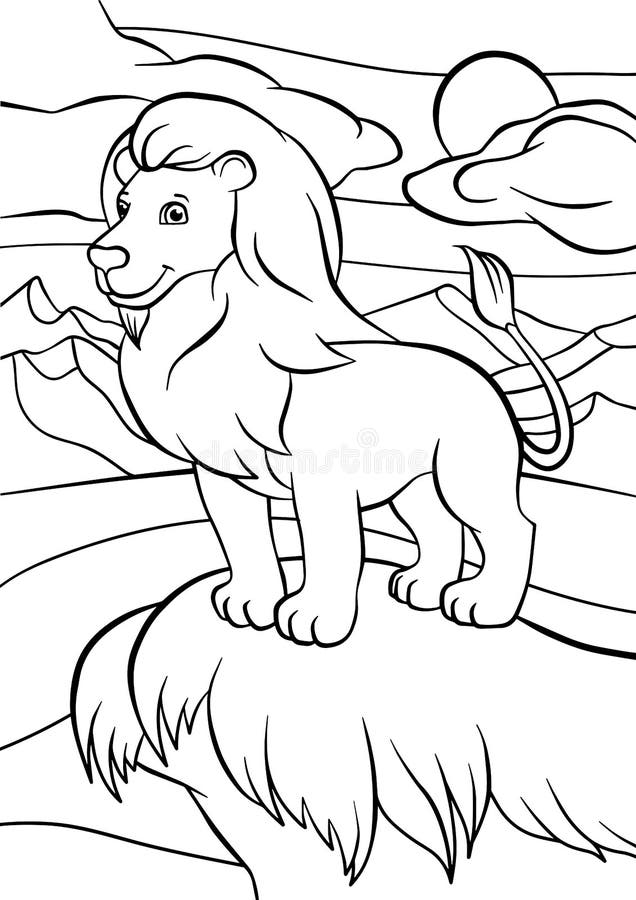 Coloring pages. Animals. Cute lion stands and smiles. Coloring pages. Animals. Cute lion stands and smiles.