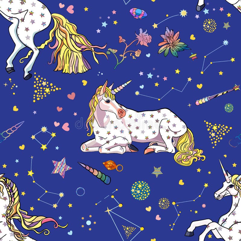 矢量无穷的纹理,有漂亮的白色独角兽环绕恒星、心脏、星座、蓝色背景的晶体 向量例证 矢量无穷的纹理,有漂亮的白色独角兽环绕恒星、心脏、星座、蓝色背景的晶体 向量例证