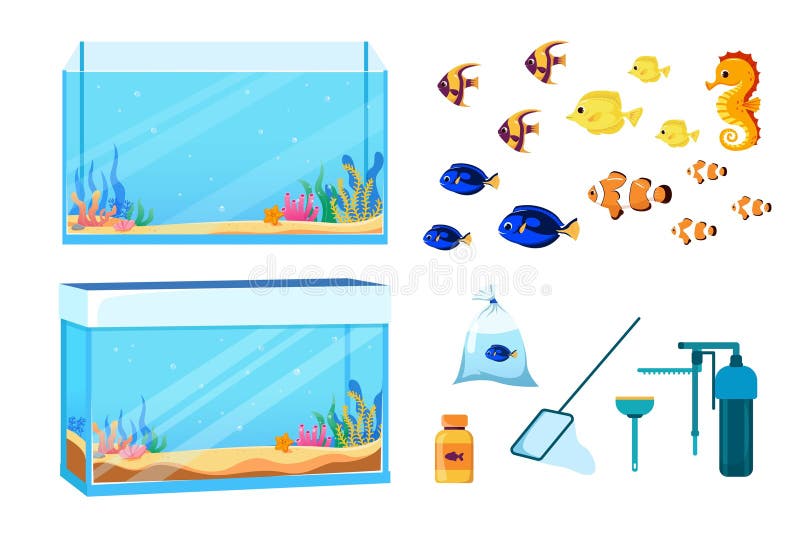 Vector aquarium set, collection of basic aquarium elements. cartoon style. Vector aquarium set, collection of basic aquarium elements. cartoon style.