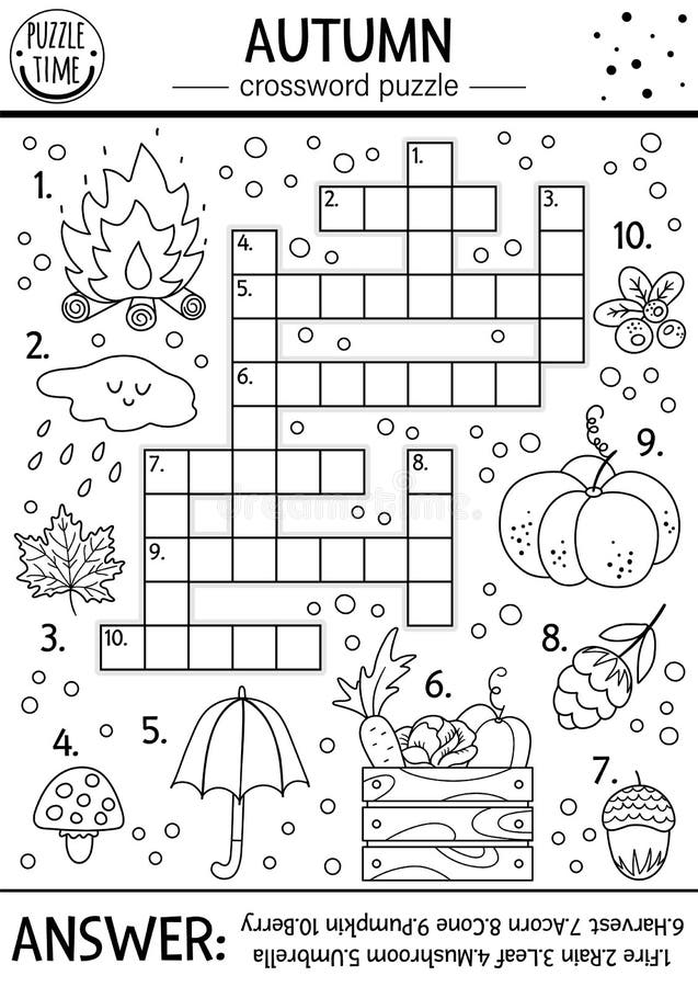 矢量黑白秋季儿童纵横字谜. 用秋季森林物品进行简单轮廓测验. 向量例证