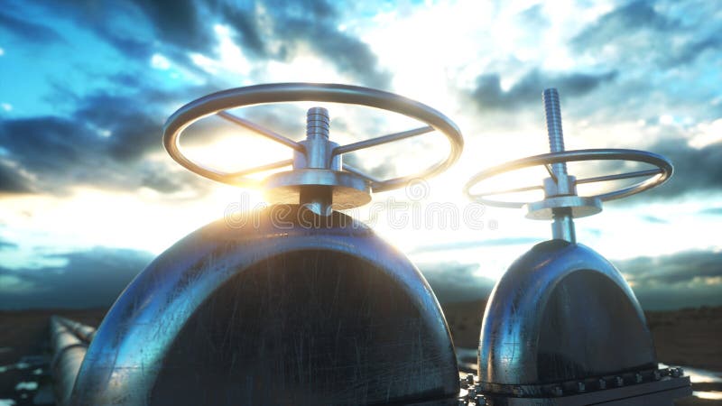 Oil, gas valve. Pipeline in desert. Oil concept 3d rendering. Oil, gas valve. Pipeline in desert. Oil concept 3d rendering