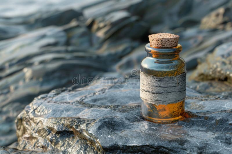 石质上有软木塞和牛皮标签的琥珀玻璃瓶三维可视化 库存例证