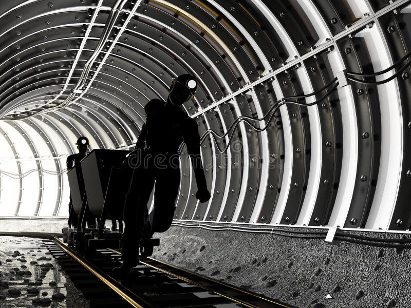 Miners with a wheelbarrow in the mine., 3d render. Miners with a wheelbarrow in the mine., 3d render