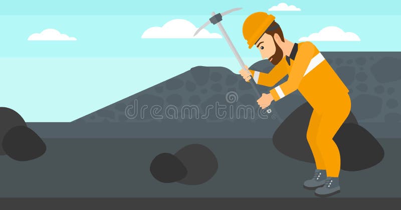 A hipster man with the beard working with a pickaxe on the background of coal mine vector flat design illustration. Horizontal layout. A hipster man with the beard working with a pickaxe on the background of coal mine vector flat design illustration. Horizontal layout.