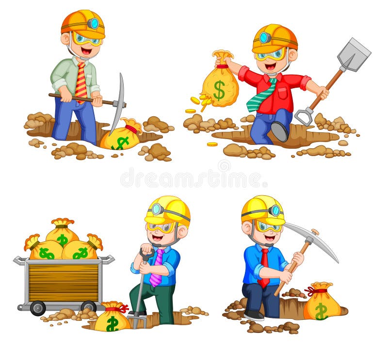 Illustration of the miner is holding a bag of golden coins from the ground. Illustration of the miner is holding a bag of golden coins from the ground