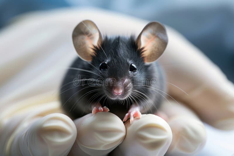 Close-up Portrait of a Black Laboratory Mouse in Researcher&#x27;s Gloved Hands. AI generated. Close-up Portrait of a Black Laboratory Mouse in Researcher&#x27;s Gloved Hands. AI generated