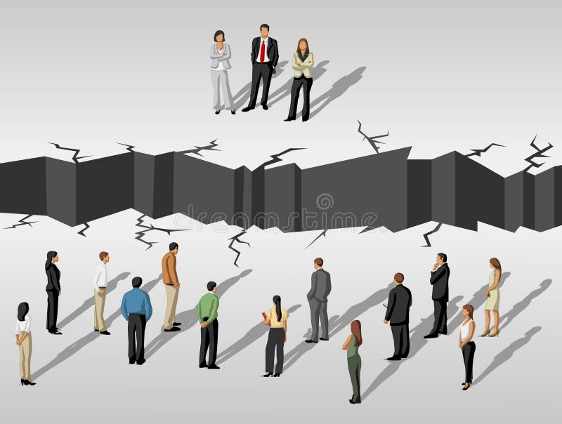 Group of business people separated by cracked floor. Group of business people separated by cracked floor