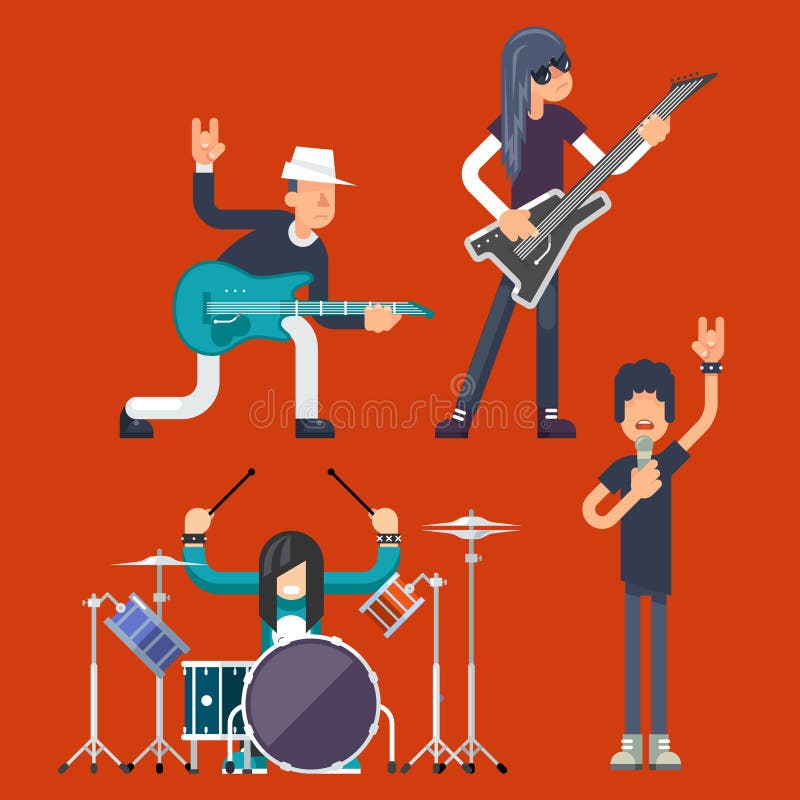 硬岩重的民间小组乐队音乐象吉他弹奏者歌手低音歌手鼓手概念平的设计传染媒介例证 库存例证 硬岩重的民间小组乐队音乐象吉他弹奏者歌手低音歌手鼓手概念平的设计传染媒介例证 库存例证