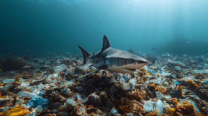 礁鲨在海洋漂浮的塑料碎片中游泳突显海洋污染 向量例证