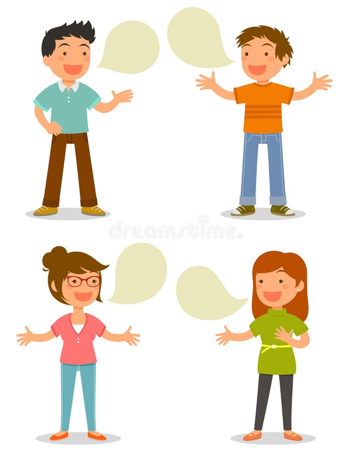 Set of four cartoon people talking with each other happily. Set of four cartoon people talking with each other happily