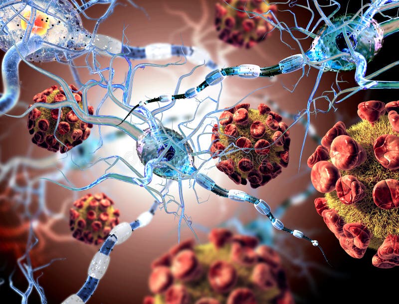 Viruses attacking nerve cells, concept for Neurologic Diseases, tumors. Viruses attacking nerve cells, concept for Neurologic Diseases, tumors