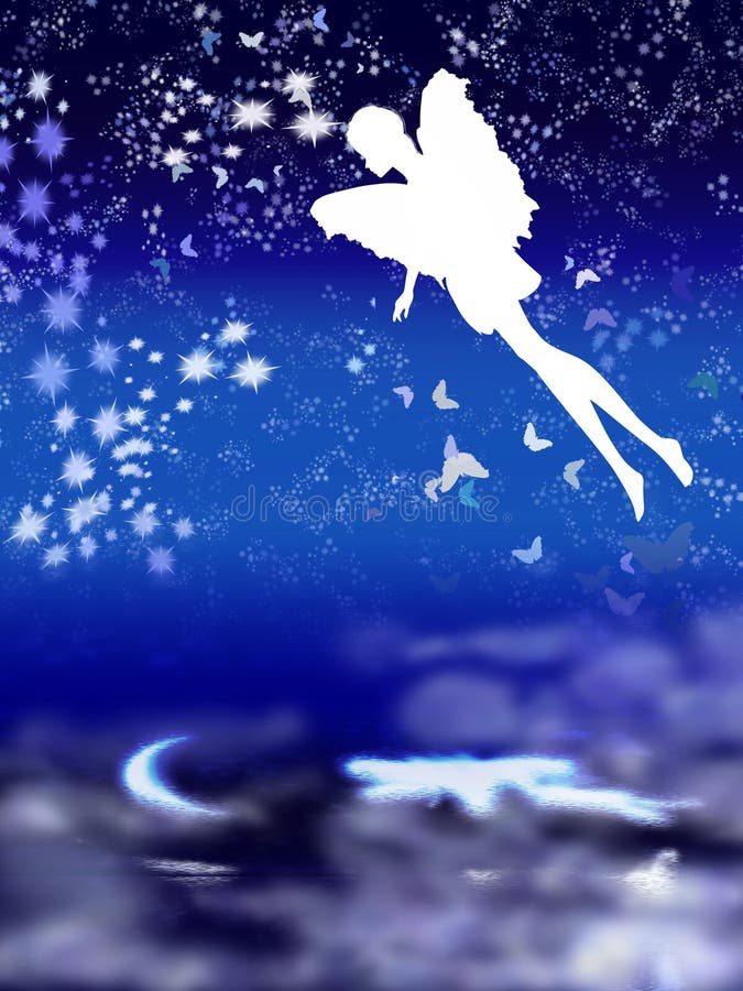 The night-flying of fairy above a misty lake in which is reflected Lunar. The night-flying of fairy above a misty lake in which is reflected Lunar