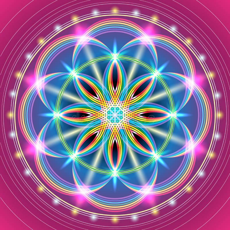 Iillustration of the sacred geometry of the FLOWER OF LIFE. Geometric figures forming a rainbow flower with decorative elements on a red background. Iillustration of the sacred geometry of the FLOWER OF LIFE. Geometric figures forming a rainbow flower with decorative elements on a red background.