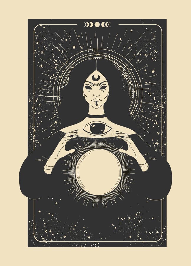 神秘的塔罗牌，还有魔法球. 黑色背景中有星星的女巫. 复古矢量图海报 库存例证