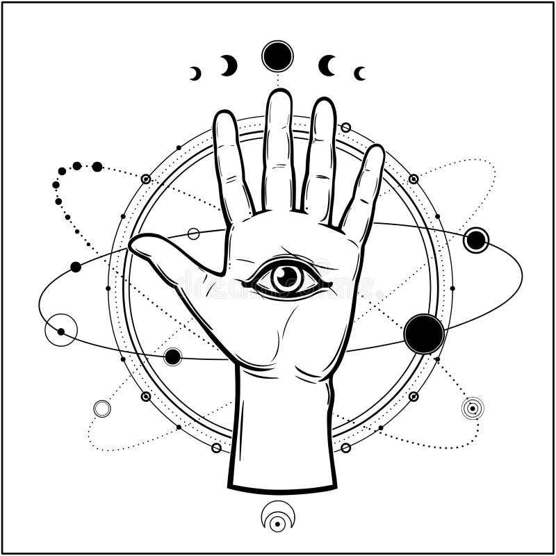 神秘的绘画:人手握住宇宙 行星和恒星围绕棕榈树的轨道旋转 向量例证