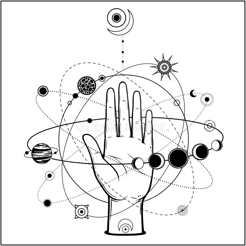 神秘的绘画:人手握住宇宙 皇族释放例证