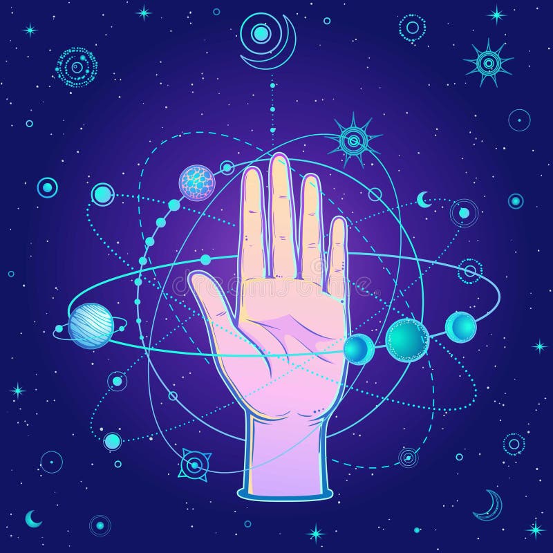 神秘的绘画:人手握住宇宙 库存例证
