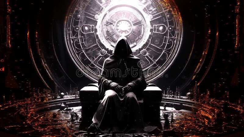 神秘的蒙面人物坐在未来的王座上，暗室中闪闪发光的古代符号 库存例证