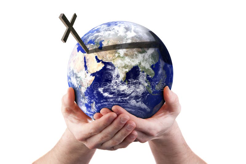 Hands holding world with cross. Isolated on white. Religious concept. Hands holding world with cross. Isolated on white. Religious concept.