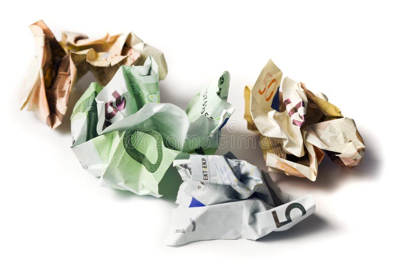 Crumpled european currency bills of 5, 50 and 100 euros on white background. Crumpled european currency bills of 5, 50 and 100 euros on white background