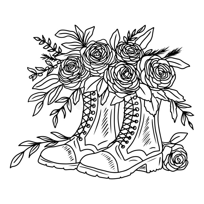 秋冬冬靴上有玫瑰花和树枝的美丽花束，黑色的花带. 手 库存照片