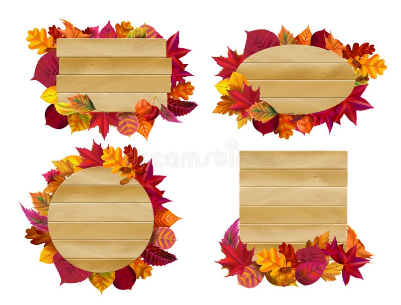 Wooden signs with autumn leaves. Yellow fall leaf, seasonal wood banner. Autumnal signboard, farm rural eco branch placard or park leaf label. Isolated vector illustration icons set. Wooden signs with autumn leaves. Yellow fall leaf, seasonal wood banner. Autumnal signboard, farm rural eco branch placard or park leaf label. Isolated vector illustration icons set