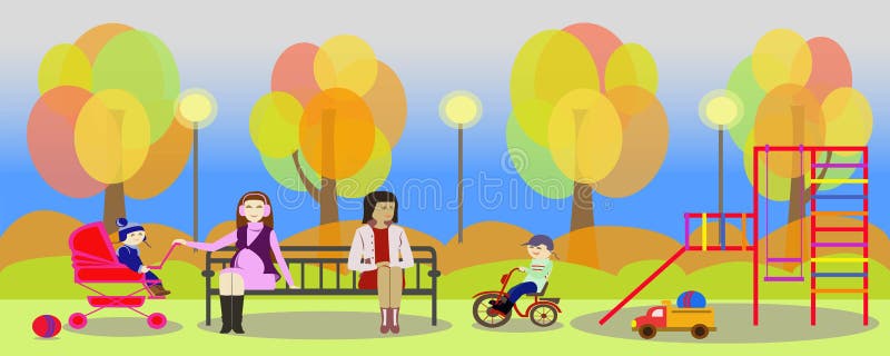 秋天公园和母亲有孩子的操场的 皇族释放例证