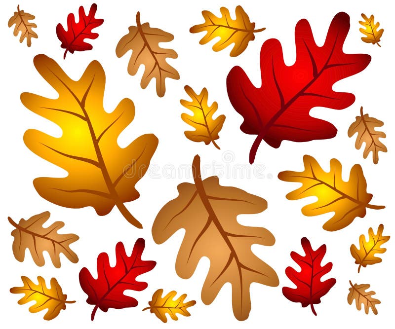 A clip art illustration of an arrangement of autumn oak tree leaves in red, gold and brown as a background pattern. A clip art illustration of an arrangement of autumn oak tree leaves in red, gold and brown as a background pattern