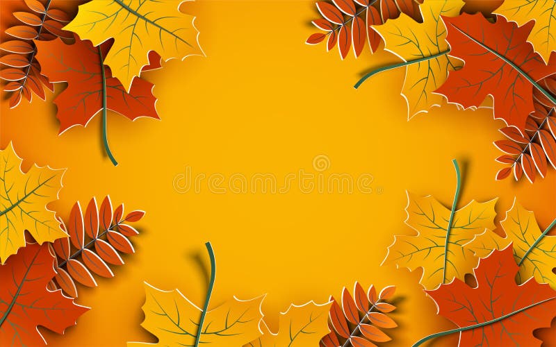 Autumn background, tree paper leaves, yellow backdrop, design for fall season sale banner, poster or thanksgiving day greeting card, festival invitation, paper cut out art style, vector illustration. Autumn background, tree paper leaves, yellow backdrop, design for fall season sale banner, poster or thanksgiving day greeting card, festival invitation, paper cut out art style, vector illustration