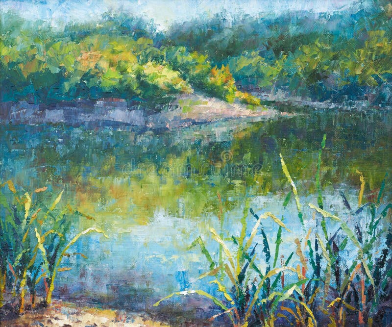 油画风景- 森林中的湖泊，夏日。 库存例证. 插画包括有季节, 抽象