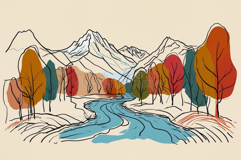 秋季山林河. 插图样式. 一种风格化的插图,其特征是宁静的山景,有一条蜿蜒的河流流过. 这条河以淡蓝色的色相描绘. 河树周围简化,呈秋色 : 橙红黄绿. 背景中的山脉用简单的线条画出,表示雪峰. 艺术作品采用极简的线条技巧,强调浅色背景中的秋色.