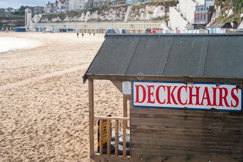 Broadstairs, UK - Oct 5 2021 Deckchair hire hut closed on an autumn day on Viking Bay beach. Broadstairs, UK - Oct 5 2021 Deckchair hire hut closed on an autumn day on Viking Bay beach